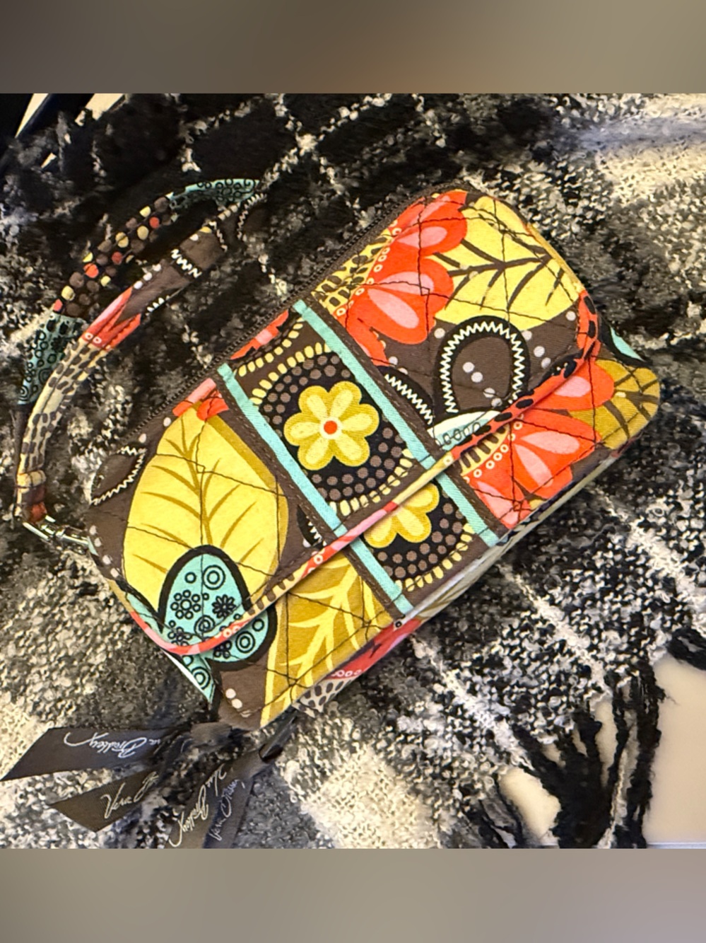 Vera Bradley Yellow Floral Pattern Wristlet with Multicolor Accents